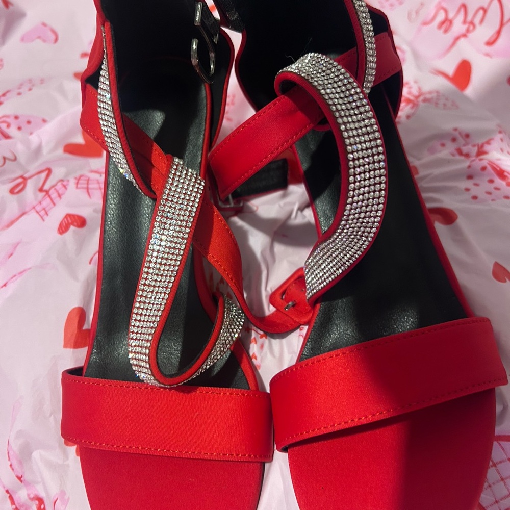 Source Unknown Red Heels with Rhinestone Straps N… - image 8